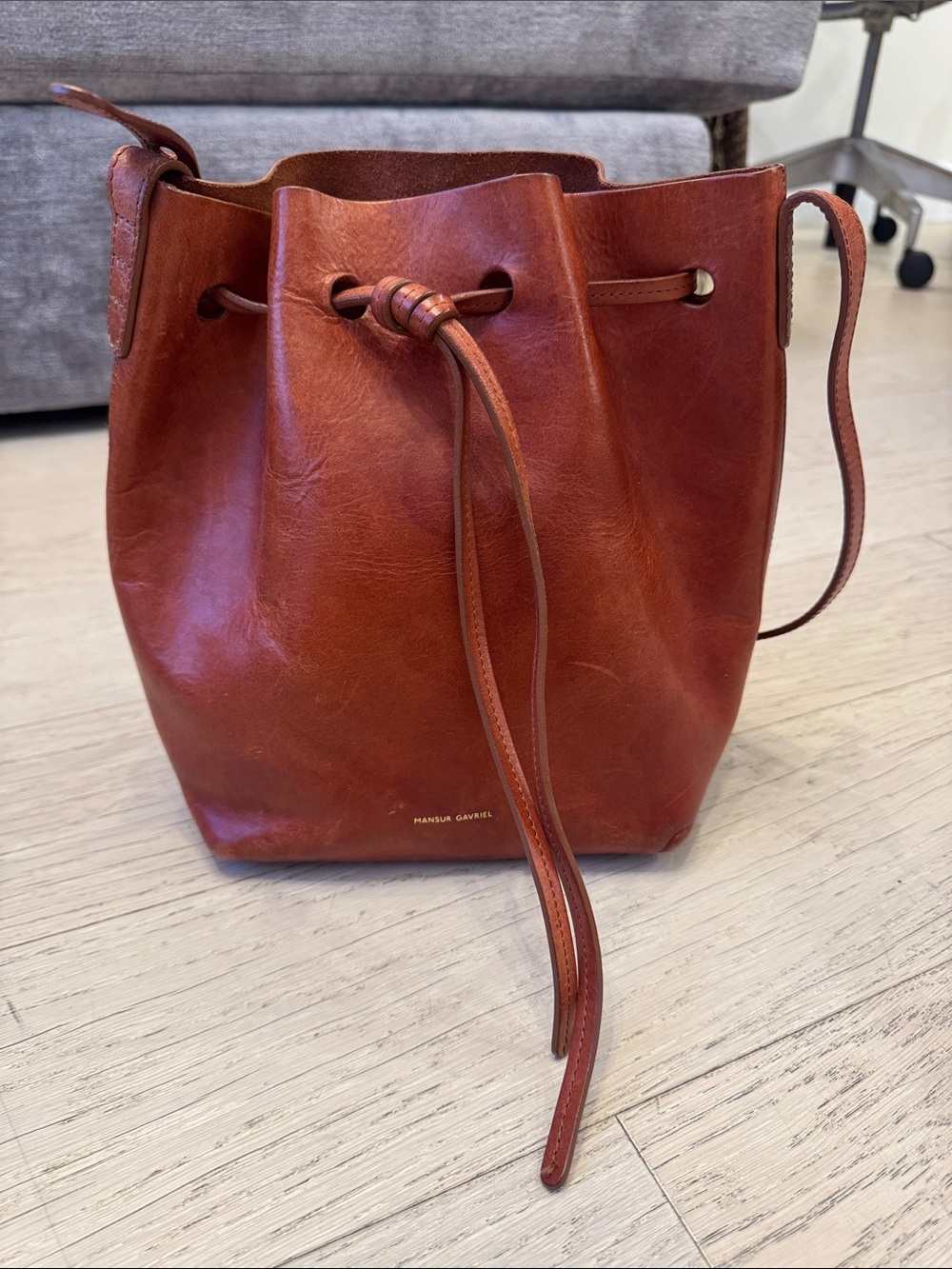 Mansur Gavriel Cognac Leather Drawstring Crossbody